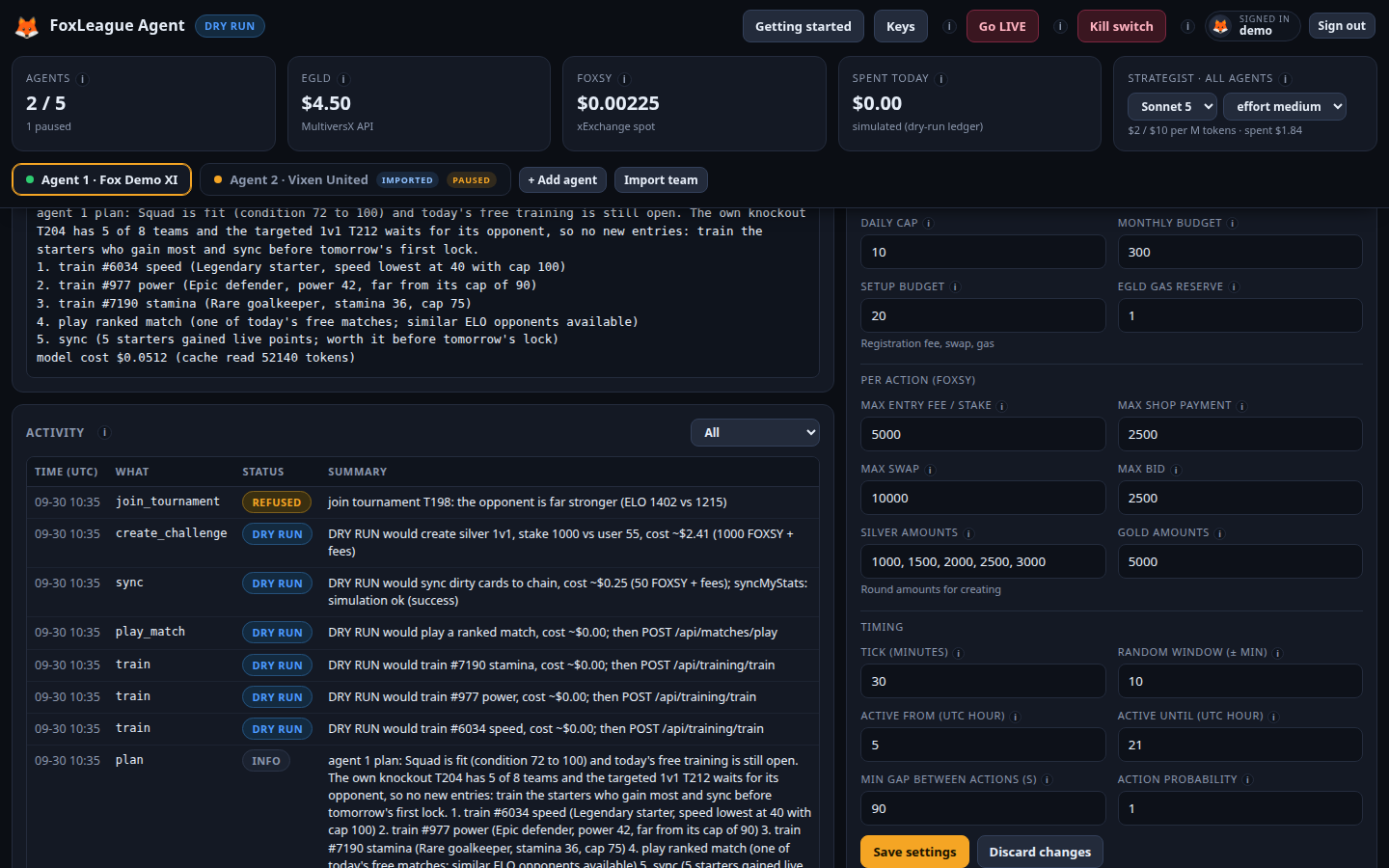 An agent's plan, budget and settings