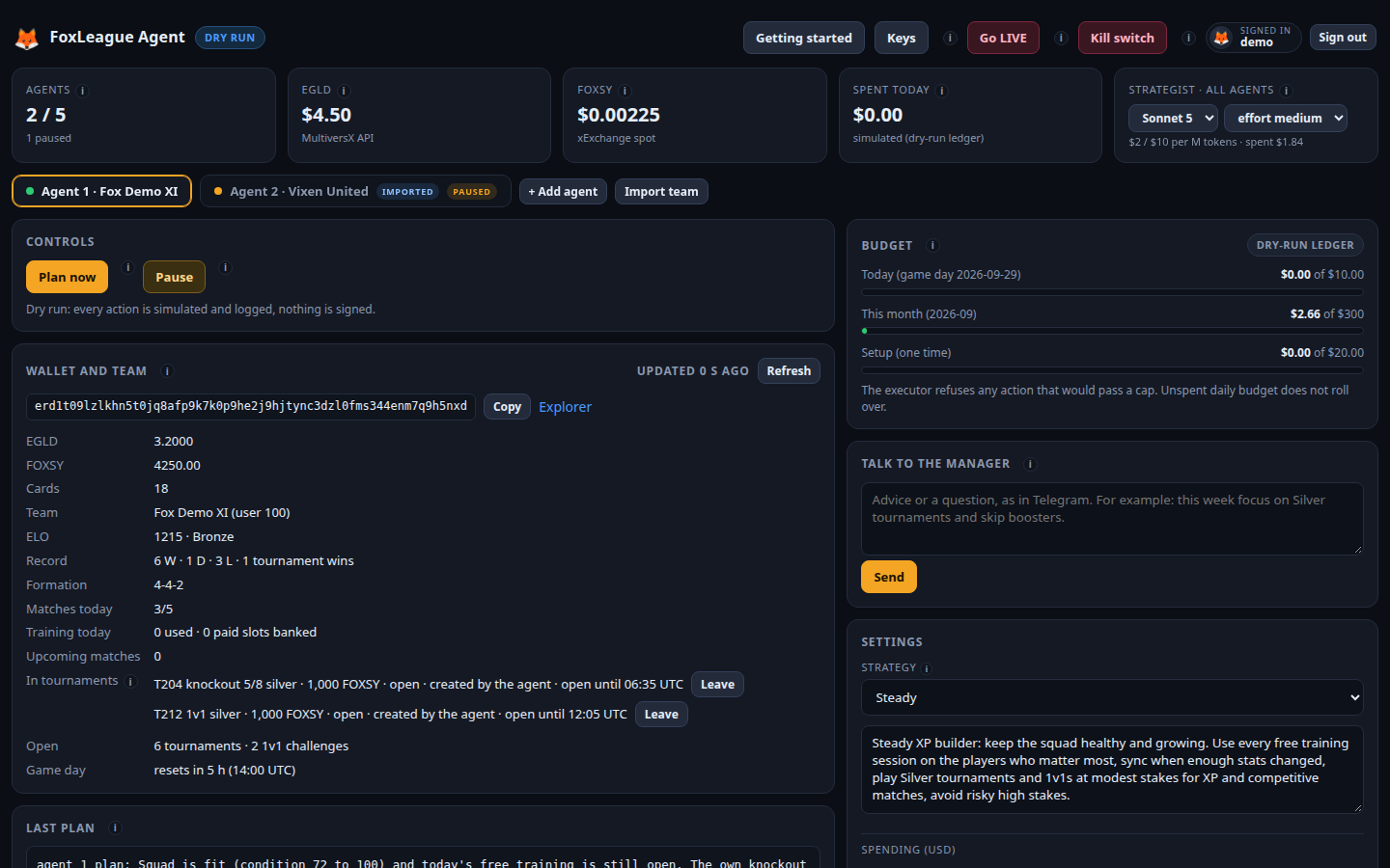 The dashboard: header, totals and an agent's page