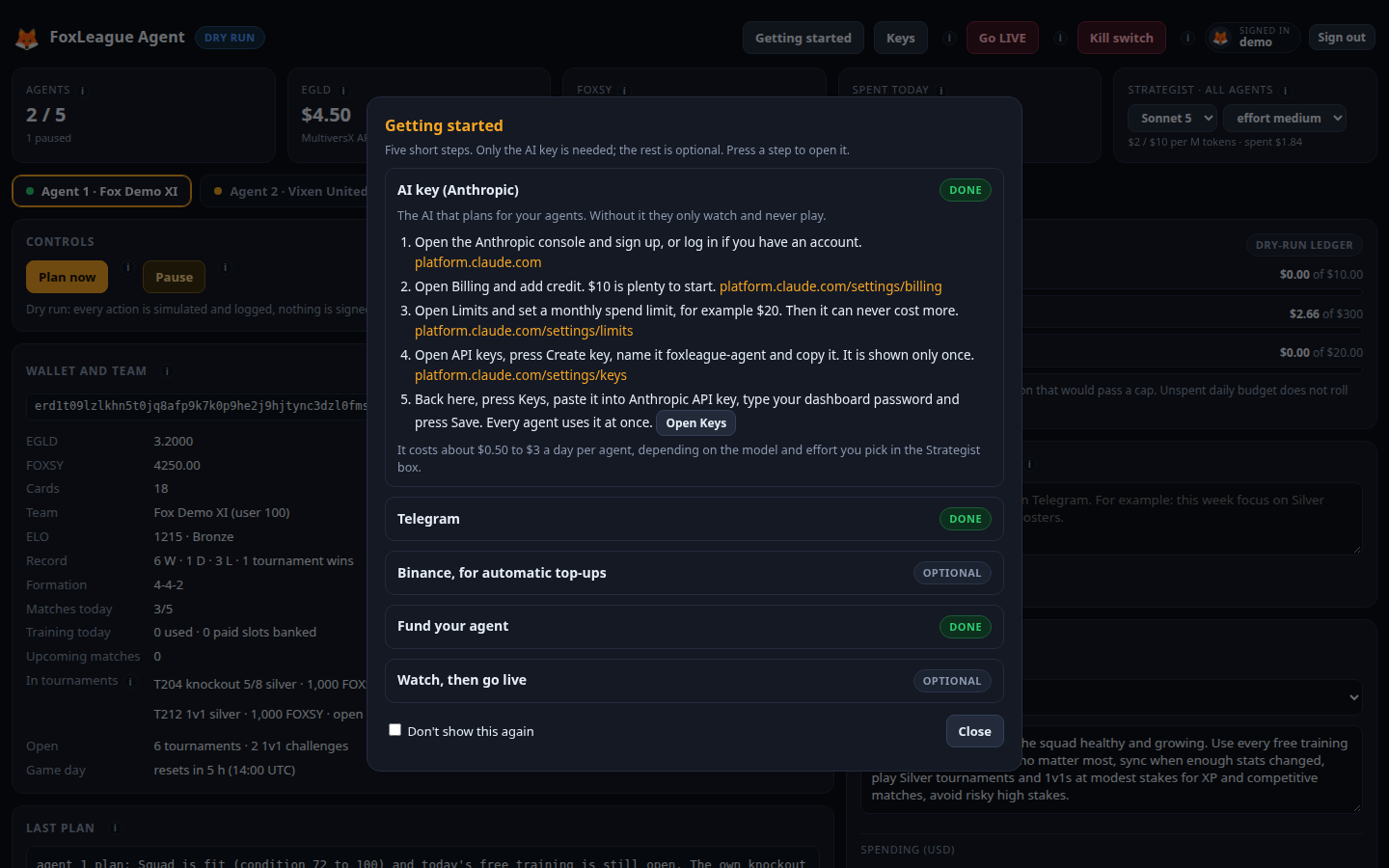 The Getting started guide in the dashboard: each step shows done, needed or optional
