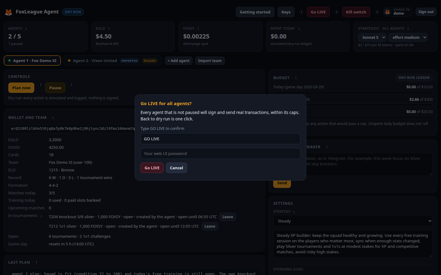 The Go LIVE dialog: type GO LIVE and your password