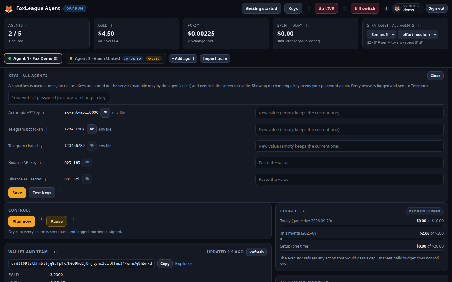 The Keys panel: every key masked; Link my Telegram appears here until your chat is linked